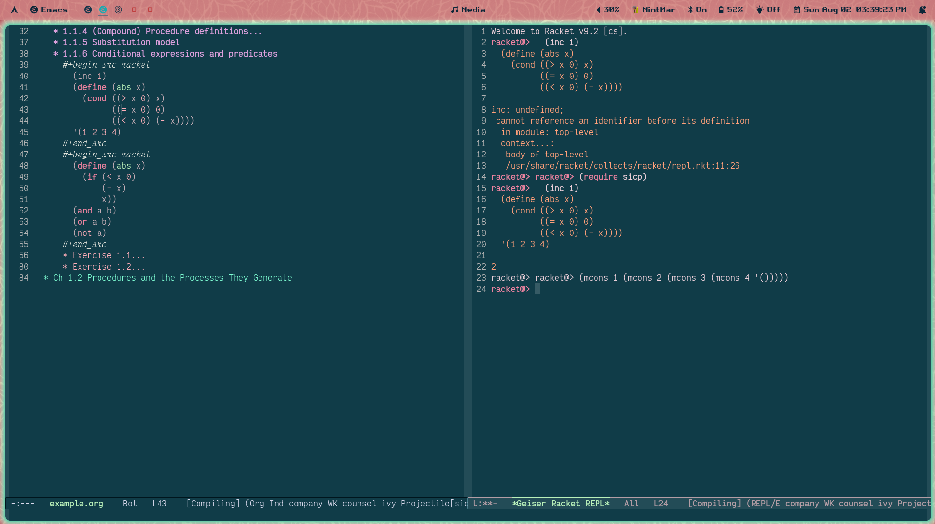 pic of my emacs frame showing weird list printing in the Geiser REPL