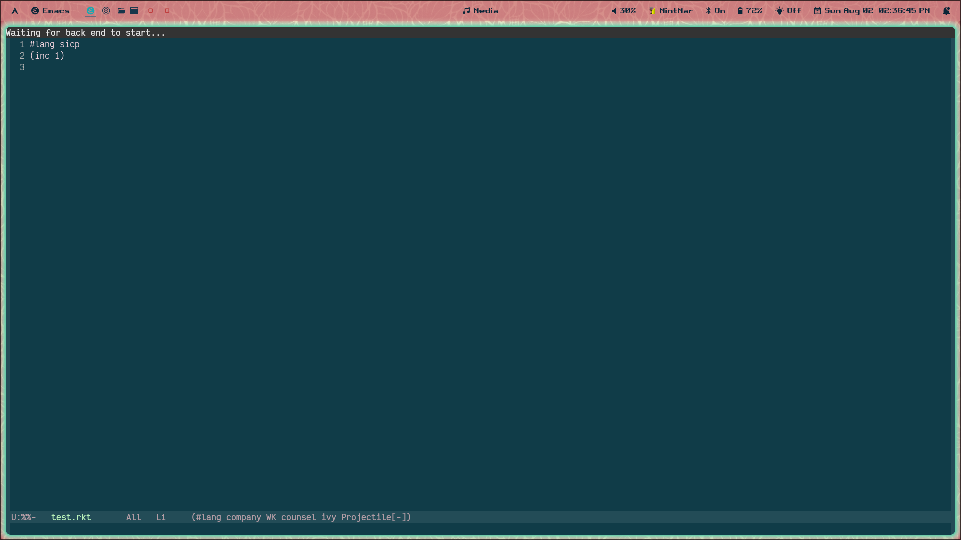 pic of my emacs frame with the message 'Waiting for backend to start....' displayed at the top of the test.rkt buffer